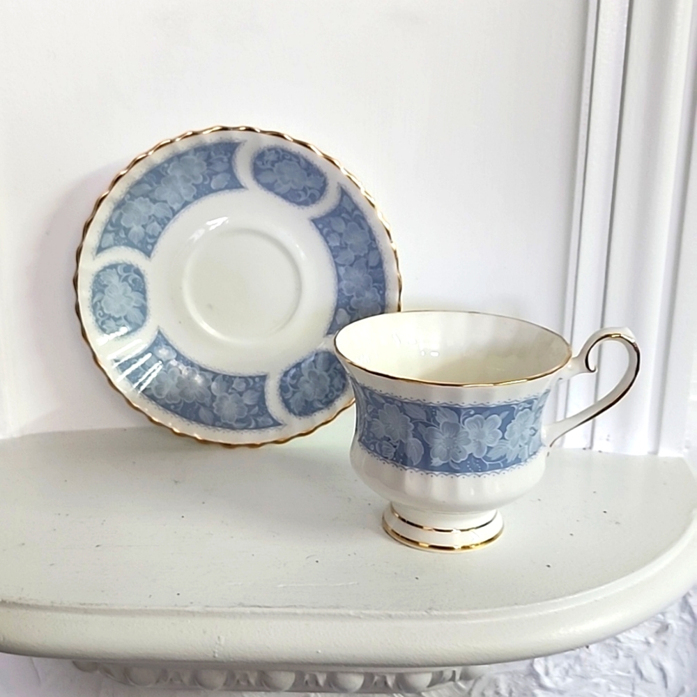 GROSVENOR TEA CUP & SAUCER - JACKSON & GOSLING -LIGHT BLUE LACEY WHITE
